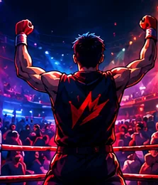 Νικητής πυγμάχος σε στυλ anime σηκώνει θριαμβευτικά τη γροθιά του στην αρένα του VSCasino